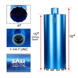 SALI Wet Diamond Core Drill Bits 6"/152mm Diameter, 15"/380mm Drilling Depth Concrete Core Drill Bit, 1-1/4-7" Thread Core Bit Turbo Laser-Welded Segments with Rebar, Brick, Block, Masonry, Stone