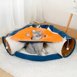 LEFTSTARER 2-in-1 Collapsible Cat Tunnels for Indoor Cats Beds and Hideout for Pets Dogs Rabbits Home Soft Tunnel Tubes Toys with Removable Washable Mat (A Cat Paw Print-Blue)