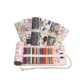 Flyusa Colored Canvas Pencil Case Roll Wrap Holders for Student Artist Adult Coloring Travel Storage Organizers with 72 Slots(Elephant)