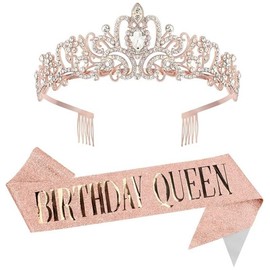 Birthday Sash for Women, Birthday Crown, Birthday Tiara, Birthday Queen Sash and Tiara for Women, Birthday Headband for Girls - Color: golden
