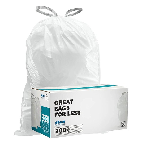 Plasticplace simplehuman (x) Code X Compatible (200 Count)│White Drawstring Garbage Liners, 21 Gallon / 80 Liter │ 26" x 34.75"
