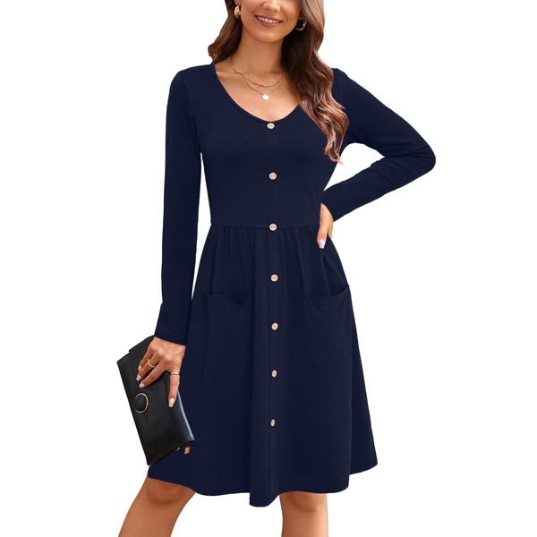 OUGES Womens Fall Long Sleeve Midi Dresses Button Down V