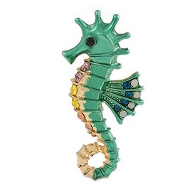 Bright Green/Gold Enamel Crystal Seahorse Brooch/Pendant in Gold Tone Metal - 50mm Tall