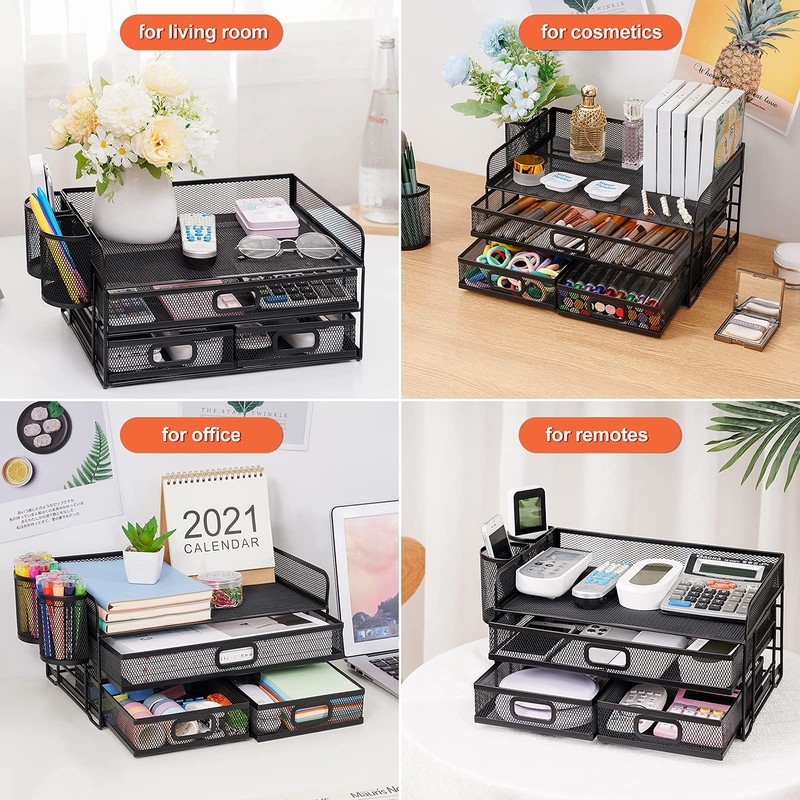 Marbrasse 3 Tier Mesh Desk Organizer with Drawer, Multi-Functional Desk