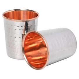 Set of 2 Outer Stainless Steel and Inner Pure Copper Tumbler For Ayurveda Health Benefits - 250 Ml (8.45 US Fluid Ounce) Capacity (Hammered Pattern)
