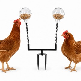 BingegePet Chicken Treat Dispenser Toy, 15.7-Inch Dual-Spring Slow Feeder with 2 Clear Pecking Balls and Ground Stake, 360-Degree Rotating Enrichment Toy for Hens and Backyard Chickens