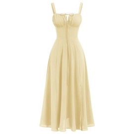 IBTOM CASTLE Corset Dress for Women: Summer Boho Dress Spaghetti Straps Split Square Neck Casual Spring Summer Midi Bustier Sundress Wedding Guest Going Home Casual Beach Sundress Light Yellow XS