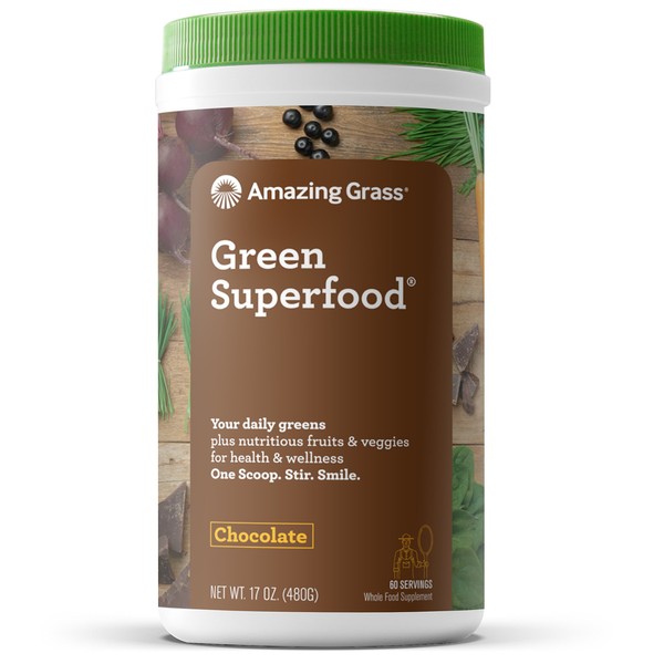 Amazing Grass Green Superfood: Super Greens Powder with Spirulina, Chlorella, Digestive Enzymes & Probiotics, Chocolate, 60 Servings