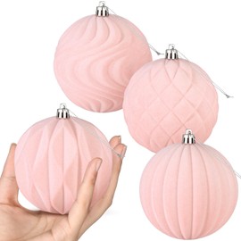 Blueweenly 4 Pcs 4 Inch Large Velvet Christmas Ball Ornaments Vintage Christmas Plastic Ball Ornaments Flocked Tree Hanging Decoration for Xmas Party Wedding Home Decor(Pink)
