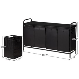 Azaeahom 4 Section Laundry Hamper with Shelf, Laundry Basket Organizer with 4 Pull-Out Removable Bags 4×11.5Gal(43.4L), Laundry Sorter for Clothes Organization in Bedroom, Laundry Room, Black