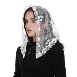 Mantveil Triangle Lace Mantilla Veil: White Gold Floral Short Chapel Veils for Church Catholic Women Latin Mass Head Covering with Clip