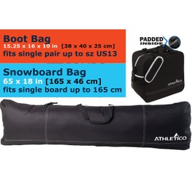 Athletico Padded Two-Piece Snowboard and Boot Bag Combo | Store & Transport Snowboard Up to 165 CM and Boots Up To Size 13 | Includes 1 Padded Snowboard Bag & 1 Padded Boot Bag (Black)