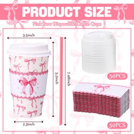 Jingmore 50 Set Pink Bow Disposable Coffee Cups with Lids and Straw Sleeves 16oz Coquette Bowknot Drinking Cps for Wedding Birthday Baby Shower Bachelorette Party Supplies