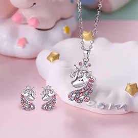 Ever Faith Unicorn Jewelry Set for Girls, 925 Sterling Silver Multicolor CZ Unicorn Necklace Earrings Set Birthday Christmas Jewellery Gifts for Daughter Granddaughter