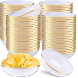 Newtay 100 Pcs Plastic Soup Bowls 14oz Disposable Heavyweight White with Gold Rim Bowls Elegant Chip Heavy Duty for Birthday, Wedding, Christmas or Event