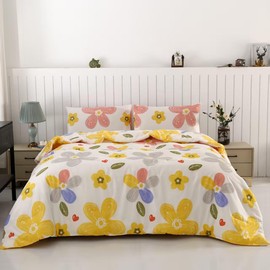 SDIII 3PCS Colorful Floral Comforter Set Full, Soft Microfiber Lightweight Fall Comforter Set Full Floral, Cute Yellow Flower Bedding Hotel Luxury