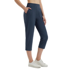 baleaf Women Capris with Pockets Stretch Golf Work Dress Cropped Pants Straight Leg High Waisted Pull On Summer Navy Blue XL