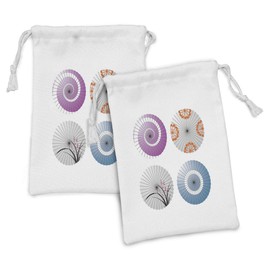 Lunarable Japanese Fabric Pouch Set of 2, Traditional Parasol Motif with Different Cover from Wind Rain and Sunshine, Small Drawstring Bag for Toiletries Masks and Favors, 9" x 6", Multicolor