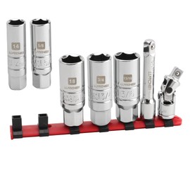 LLNDEI 3/8-Inch Drive Spark Plug Socket Set 7PCS, SAE & Metric, 5/8-inch, 3/4-inch, 13/16-inch, 14mm, 18mm, CR-V Steel Mirror Finish Sockets with Rubber Retaining Rings, Universal Joint, Extension Bar