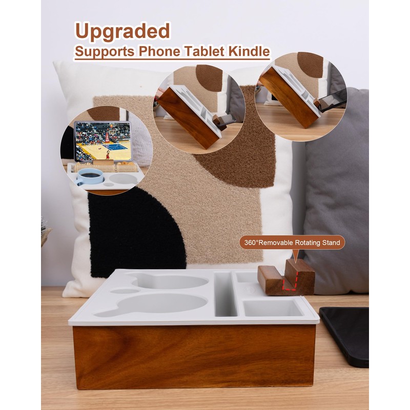 Hitseon Couch Cup Holder Tray, Portable Silicone Acacia Wooden 2