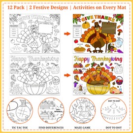 BIZIBAFF Thanksgiving Coloring Placemats - Set of 12 Turkey Table Mat Thanksgiving Disposable Paper Placemats Fall Harvest Thanks Giving Activities Arts and Crafts for School Party Favors