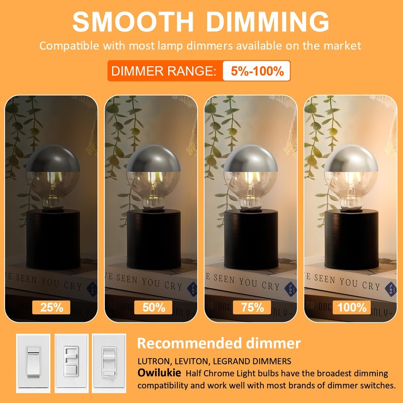 Owilukie Half Silver Chrome Light Bulb 6W (60W Equivalent), Dimmable