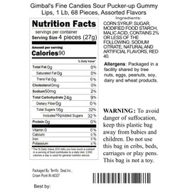 Gimbal's Fine Candies Sour Pucker-up Gummy Lips, 1 Lb, 68 Pieces, Assorted Flavors
