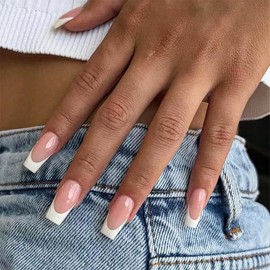 French Tip Press on Nails Long Coffin Fake Nails Nude False Nails with White Tips Designs Glue on Nails Full Cover Acrylic Glossy Stick on Nails Classic Artificial Nails for Women Manicure 24Pcs