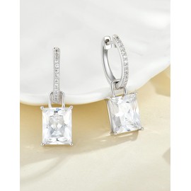 Guesma Cubic Zirconia Cushion Princess Emerald Cut Hoop Earrings Women - 10x8mm Solid Sterling Silver 18K White Gold Plated Dangle Drop Leverback Created Birthstone Jewelry