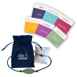 Glücksschmiedin - Aventurin Armband Damen mit Karten-Set, Edelsteinarmband Grün mit Goldperlen und schönem Schmucksäckchen mit 6 verschiedenen Glückwunschkarten für jeden Anlass.