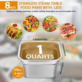 Suttmin 8 Pcs 1/6 Size Hotel Steam Table Pans with Lids, Stainless Steel Food Containers and PP Plastic Covers, Anti-clogging Steamer Pans for Buffet, Catering, Restaurant, and Food Prep(4" Deep)