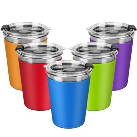Kids Stainless Steel Cups, 12oz Kids Metal Drinking Glasses with Lids and Sleeves, Unbreakable Spill Proof Cups for Kid and Adult, Stacking Sippy Cups for Hot Chocolate & Cold Drinks 5Pack