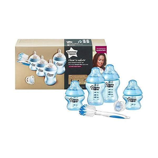 Tommee Tippee Closer to Nature Newborn Baby Starter Set | Includes 2 x 150ml + 2 x 260ml Baby Bottles, Soother & Cleaning Brush, 0m+ | Blue