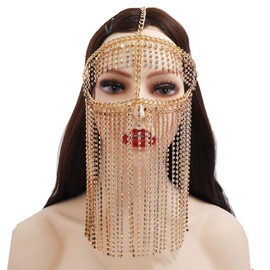 EINCORN Faux Crystal Masquerade Mask Veil Face Chain Belly Dance Jewelry Headband, as the picture shows