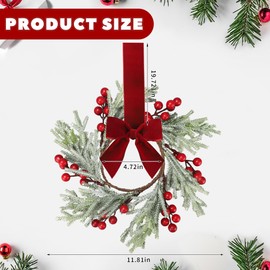6 Pcs Mini Christmas Wreath 12" Christmas Kitchen Cabinet Wreaths with Red Bow Artificial Berry Norfolk Pine Hanging Wreath for Xmas Holiday Front Door Window Wall Home Party Decorations