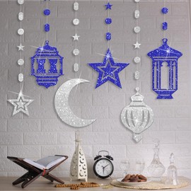 KatchOn, Silver and Blue Eid Mubarak Decorations ñ 6 String, No DIY | Eid Hanging Decor, Eid Garland for Eid Decorations for Home 2024 | Hanging Moon and Stars Decor | Eid Classroom Decorations