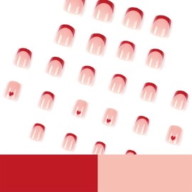 Valentine Press on Nails with Red French Nail Tips Design Heart Fake Nails Medium Square Nail for Women Girls Glitter Glossy Acrylic False Nail Kits Static Stick on Nails Reusable Full Cover 24Pcs