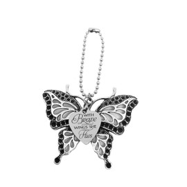 "With Brave Wings She Flies" and Large Antique Silver Tone Butterfly Charms Rear View Mirror Car Charm, Hanging Ornament Car Interior Decoration Car Accessories Home Decor