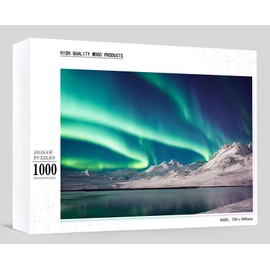 Wooden Jigsaw Puzzles for Adults 1000 Pieces Puzzle-Northern Lights Over Lake. Aurora Borealis with Starry