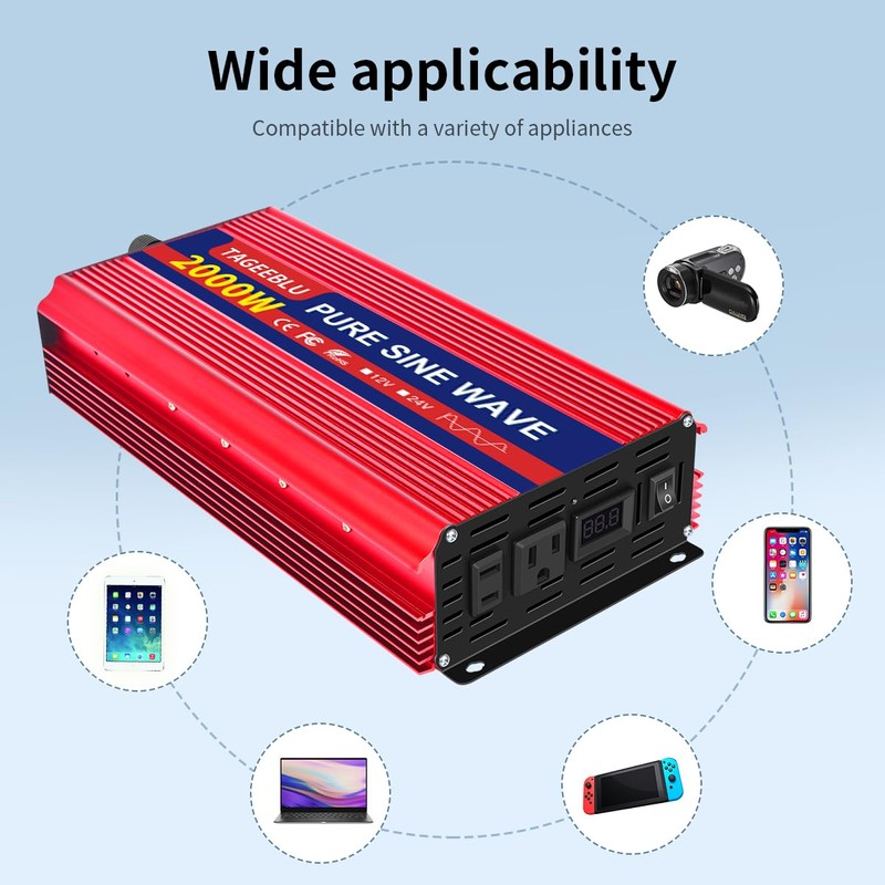 TAGEEBLU 2000 W（4000 Peak） Pure Sine Wave Power Inverter 12V
