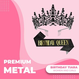 Papoopy Birthday Tiara Crown with Sash for Women, Headband Hair Accessories for Wedding Party Costume Black