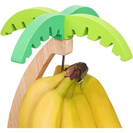 Wooden Banana Holder Stand with Hook & Palm Leaf Accent - Decorative Kitchen Fruit Countertop Organizer