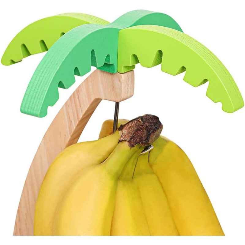 Wooden Banana Holder Stand with Hook & Palm Leaf Accent