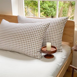 Tan Gingham Plaid Pillow Shams 20"x20", Set of 2 Taupe Checked Pre-Washed Microfiber Farmhouse Pillowcases for Bed/Sofa (20"x20", Tan Gingham)