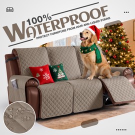 KinCam Waterproof Recliner Sofa Cover, Non-Slip Reclining Couch Covers for 3 Seat, Recliner Couch Cover Furniture Protector with Elastic Straps for Pets, Kids, Taupe