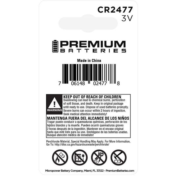 Premium Batteries Murata CR2477 Lithium 3V Coin Cell Batteries Child-Safe (1 Pack)