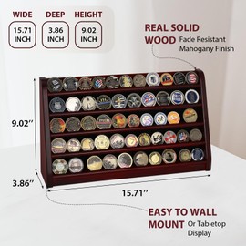 DecoWoodo Challenge Coin Display Case, 5 Row Military Coin Wooden Holder Rack Stand Holds 45 Coins for Desk or Wall Mount, Coin Holders for Collectors (Mahogany Finish)