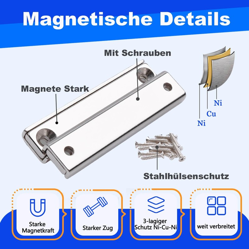 10pcs Magnets Bar with Holes, 20Kg+ Pulling 40x13.5x5mm Neodymium Magnets