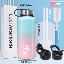 BOGI Insulated Water Bottle 32 oz, Double Wall Vacuum Stainless Steel Water Bottle with Straw and 3 Lids, Sweat-Proof Wide Mouth Metal Water Bottle Keeps Hot or Cold for Sports Gym Office (Blue Pink)