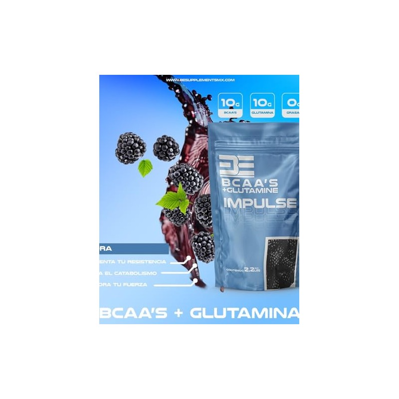 Impulse Bcaas Glutamina 1 Kg 50 Servicios sabor Mora